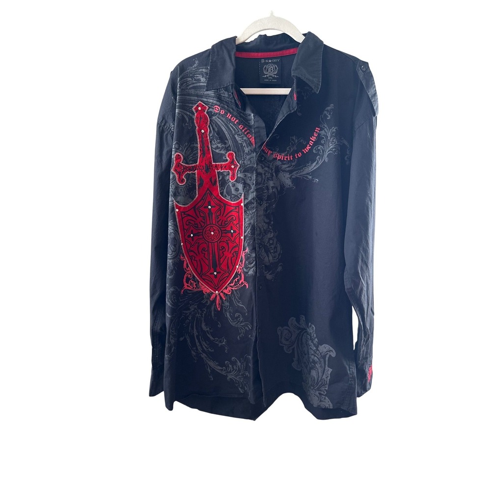 B-Society Mens 3XL Black Red Sword Phoenix Embroidered Button Down Shirt Y2K